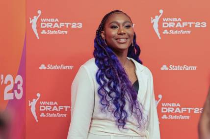 Apr 10, 2023; New York, NY, USA;  Aliyah Boston poses for a photo before the WNBA Draft 2023 at Spring Studio. Mandatory Credit: Vincent Carchietta-USA TODAY Sports