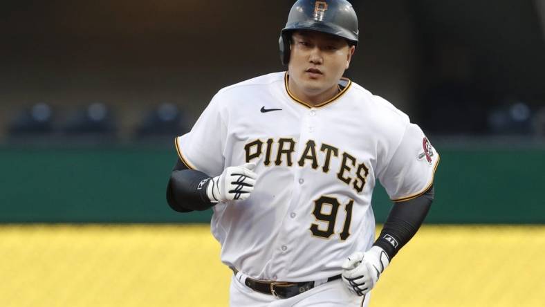 Apr 10, 2023; Pittsburgh, Pennsylvania, USA;  Pittsburgh Pirates designated hitter Ji Man Choi (91) circles the bases on a solo home run against the Houston Astros during the second inning at PNC Park. Mandatory Credit: Charles LeClaire-USA TODAY Sports