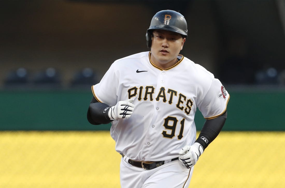 Apr 10, 2023; Pittsburgh, Pennsylvania, USA;  Pittsburgh Pirates designated hitter Ji Man Choi (91) circles the bases on a solo home run against the Houston Astros during the second inning at PNC Park. Mandatory Credit: Charles LeClaire-USA TODAY Sports