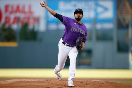 Apr 10, 2023; Denver, Colorado, USA; Colorado Rockies starting pitcher German Marquez (48) pitches in the first inning against the St. Louis Cardinals at Coors Field. Mandatory Credit: Isaiah J. Downing-USA TODAY Sports