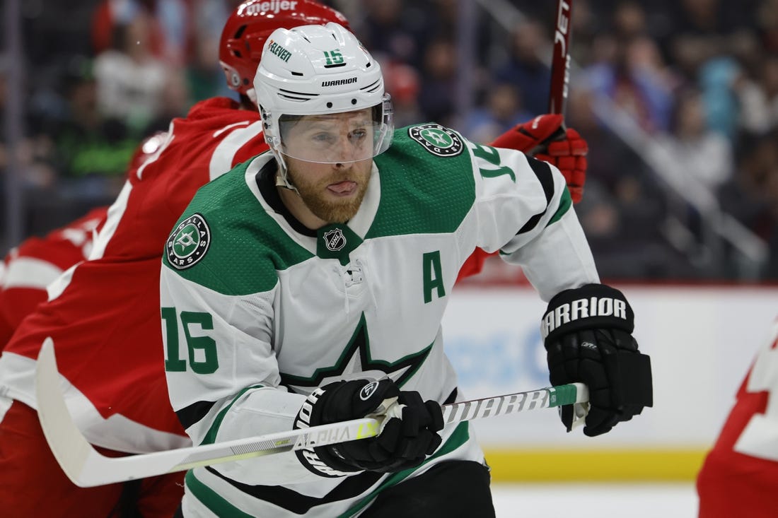 Apr 10, 2023; Detroit, Michigan, USA; Dallas Stars center Joe Pavelski (16) skates in the third period against the Detroit Red Wings at Little Caesars Arena. Mandatory Credit: Rick Osentoski-USA TODAY Sports