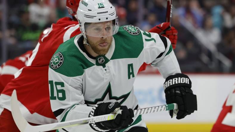 Apr 10, 2023; Detroit, Michigan, USA; Dallas Stars center Joe Pavelski (16) skates in the third period against the Detroit Red Wings at Little Caesars Arena. Mandatory Credit: Rick Osentoski-USA TODAY Sports