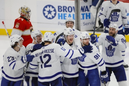 Apr 10, 2023; Sunrise, Florida, USA; Toronto Maple Leafs center John Tavares (91) celebrates with defenseman Jake McCabe (22), center Zach Aston-Reese (12), left wing Matthew Knies (23), center Noel Acciari (52), and center Ryan O'Reilly (90) after scoring the game-winning goal during overtime against the Florida Panthers at FLA Live Arena. Mandatory Credit: Sam Navarro-USA TODAY Sports