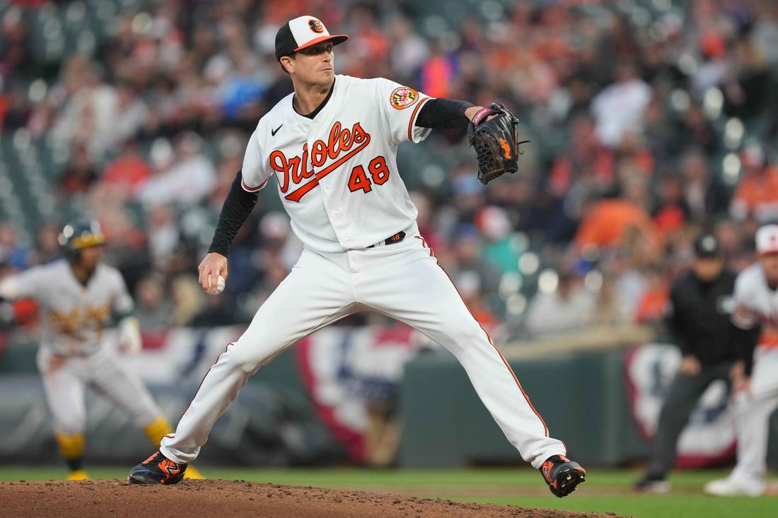 Kyle Gibson of the Baltimore Orioles pitches in the first inning