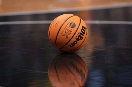 Apr 2, 2023; Dallas, TX, USA; A Wilson EVO NXT basketball with Title IX logo on the court during the NCAA Womens Basketball Final Four National Championship at American Airlines Center. Mandatory Credit: Kirby Lee-USA TODAY Sports