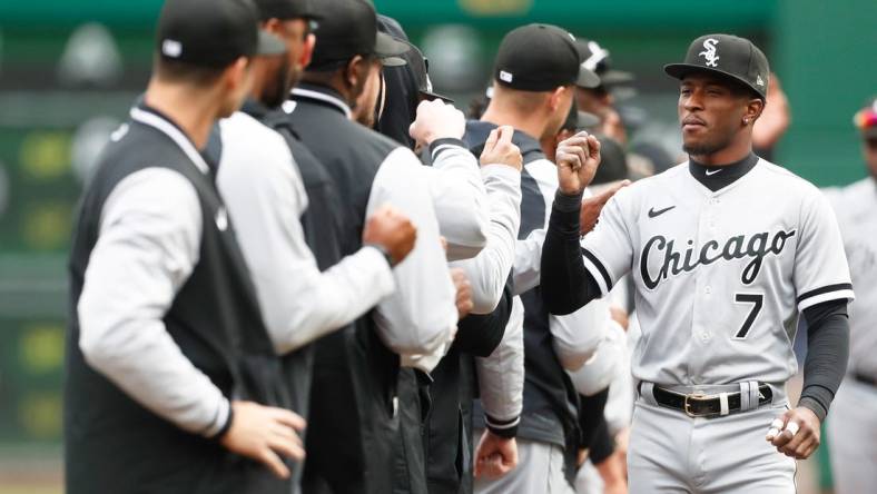 Apr 7, 2023; Pittsburgh, Pennsylvania, USA;  Chicago White Sox shortstop Tim Anderson (7) greets teammates during player introductions before the game against the Pittsburgh Pirates at PNC Park. Mandatory Credit: Charles LeClaire-USA TODAY Sports