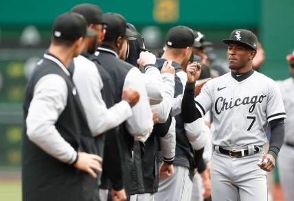 Apr 7, 2023; Pittsburgh, Pennsylvania, USA;  Chicago White Sox shortstop Tim Anderson (7) greets teammates during player introductions before the game against the Pittsburgh Pirates at PNC Park. Mandatory Credit: Charles LeClaire-USA TODAY Sports