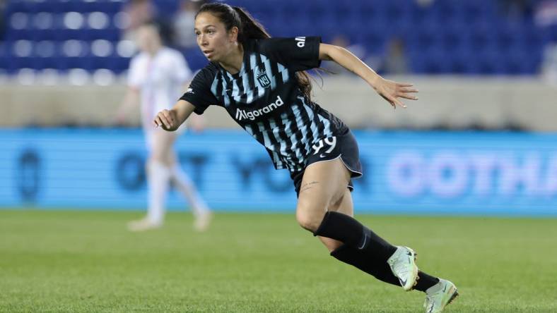 Apr 1, 2023; Harrison, New Jersey, USA; New Jersey/New York Gotham FC midfielder Victoria Pickett (99) in action against the OL Reign during the second half at Red Bull Arena. Mandatory Credit: Vincent Carchietta-USA TODAY Sports