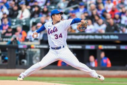 Apr 8, 2023; New York City, New York, USA;  New York Mets starting pitcher Kodai Senga (34) at Citi Field. Mandatory Credit: Wendell Cruz-USA TODAY Sports
