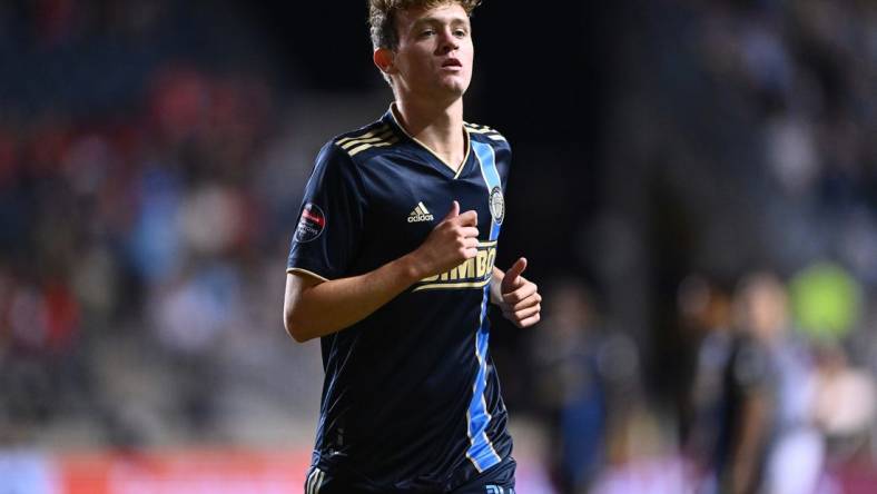 Apr 4, 2023; Chester, PA, USA; Philadelphia Union midfielder Jack McGlynn (16) looks on against Atlas FC in the first half at Subaru Park. Mandatory Credit: Kyle Ross-USA TODAY Sports