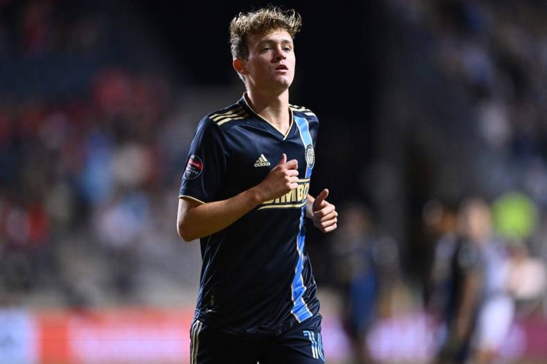 Apr 4, 2023; Chester, PA, USA; Philadelphia Union midfielder Jack McGlynn (16) looks on against Atlas FC in the first half at Subaru Park. Mandatory Credit: Kyle Ross-USA TODAY Sports