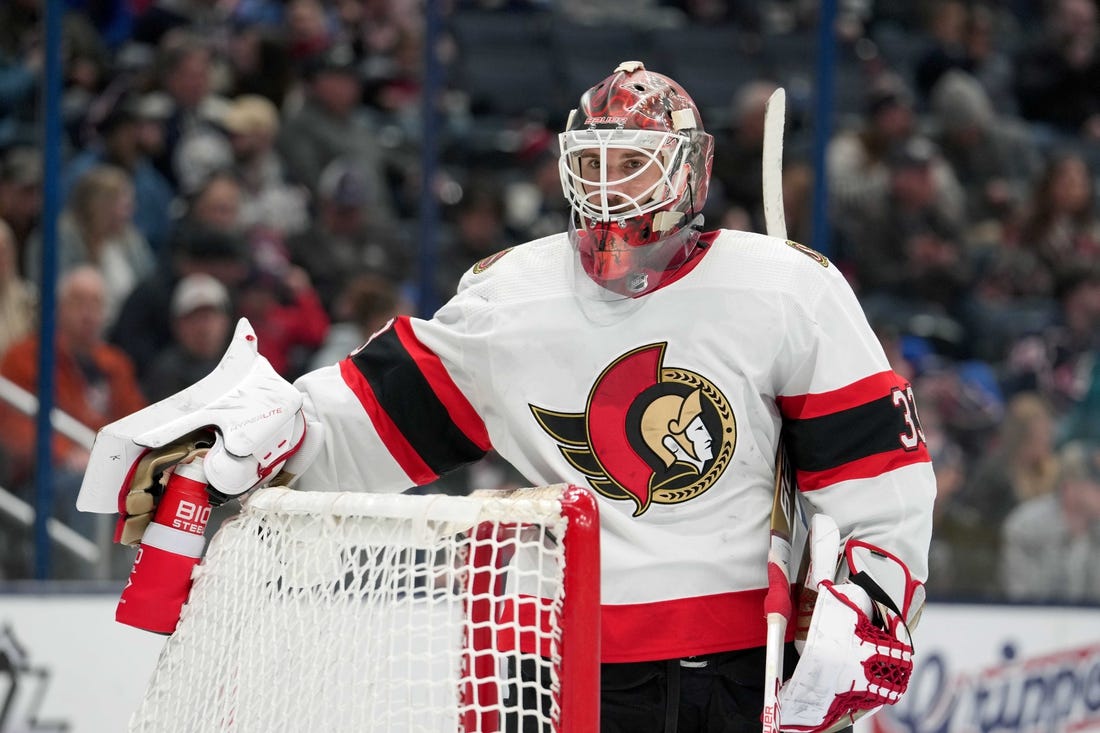 Apr 2, 2023; Columbus, Ohio, USA; Ottawa Senators goaltender Cam Talbot (33) look on during overtime in the game against the Columbus Blue Jackets at Nationwide Arena. Mandatory Credit: Jason Mowry-USA TODAY Sports