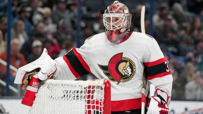 Apr 2, 2023; Columbus, Ohio, USA; Ottawa Senators goaltender Cam Talbot (33) look on during overtime in the game against the Columbus Blue Jackets at Nationwide Arena. Mandatory Credit: Jason Mowry-USA TODAY Sports