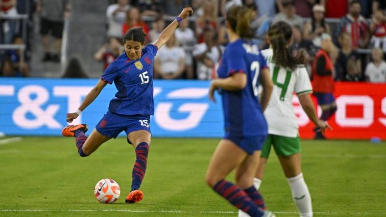 Apr 11, 2023; St. Louis, Missouri, USA;  U.S. women's national team defender Alana Cook (15) passes against the Republic of Ireland Womens National Team during the first half at CITYPARK. Mandatory Credit: Jeff Curry-USA TODAY Sports