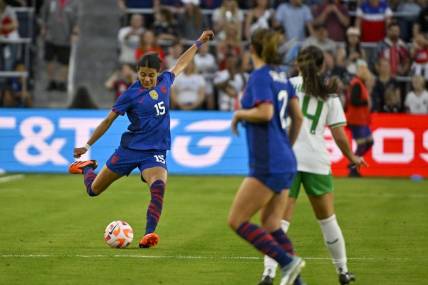 Apr 11, 2023; St. Louis, Missouri, USA;  U.S. women's national team defender Alana Cook (15) passes against the Republic of Ireland Womens National Team during the first half at CITYPARK. Mandatory Credit: Jeff Curry-USA TODAY Sports