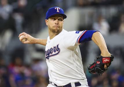 Apr 11, 2023; Arlington, Texas, USA;  Texas Rangers starting pitcher Jacob deGrom (48) throws during the fourth inning against the Kansas City Royals at Globe Life Field. Mandatory Credit: Kevin Jairaj-USA TODAY Sports
