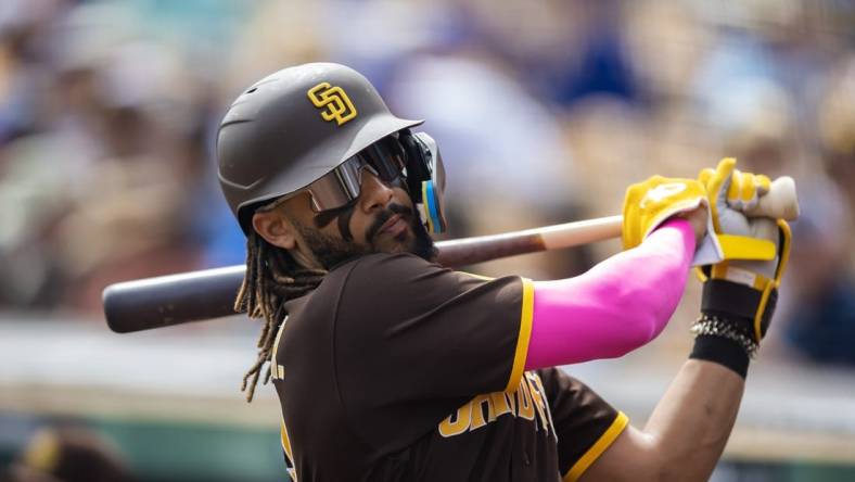 Mar 6, 2023; Phoenix, Arizona, USA; San Diego Padres outfielder Fernando Tatis Jr against the Los Angeles Dodgers during a spring training game at Camelback Ranch-Glendale. Mandatory Credit: Mark J. Rebilas-USA TODAY Sports