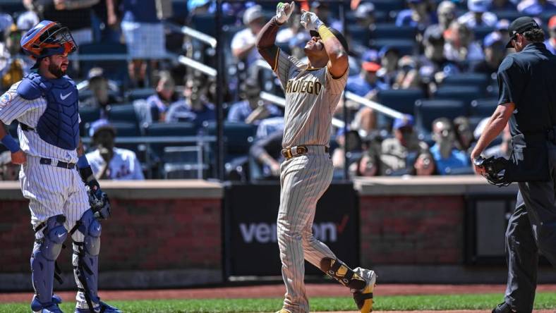 Apr 12, 2023; New York City, New York, USA; San Diego Padres left fielder Juan Soto (22) reacts after hitting a two-run home run against the New York Mets during the first inning at Citi Field. Mandatory Credit: John Jones-USA TODAY Sports