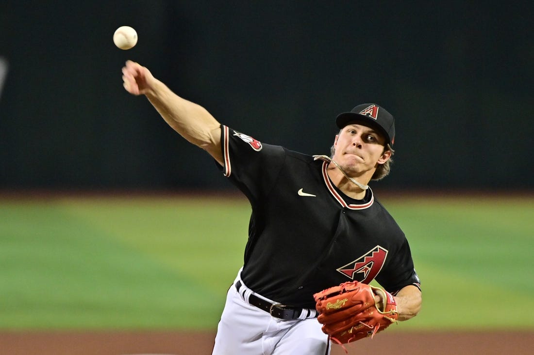 Apr 12, 2023; Phoenix, Arizona, USA;  Arizona Diamondbacks relief pitcher Drey Jameson (99) throws in the first inning against the Milwaukee Brewers at Chase Field. Mandatory Credit: Matt Kartozian-USA TODAY Sports