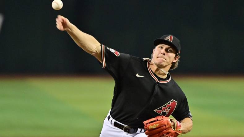 Apr 12, 2023; Phoenix, Arizona, USA;  Arizona Diamondbacks relief pitcher Drey Jameson (99) throws in the first inning against the Milwaukee Brewers at Chase Field. Mandatory Credit: Matt Kartozian-USA TODAY Sports