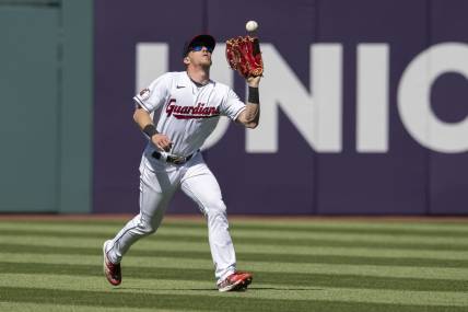 Apr 12, 2023; Cleveland, Ohio, USA; Cleveland Guardians center fielder Myles Straw (7) catches a ball it by New York Yankees catcher Kyle Higashioka (not pictured) during the seventh inning at Progressive Field. Mandatory Credit: Ken Blaze-USA TODAY Sports
