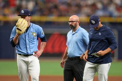 Apr 13, 2023; St. Petersburg, Florida, USA;  Tampa Bay Rays starting pitcher Jeffrey Springs (59) reacts after having to leave the game against the Boston Red Sox in the fourth inning at Tropicana Field. Mandatory Credit: Nathan Ray Seebeck-USA TODAY Sports