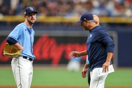 Apr 13, 2023; St. Petersburg, Florida, USA;  Tampa Bay Rays starting pitcher Jeffrey Springs (59) reacts after having to leave the game against the Boston Red Sox in the fourth inning at Tropicana Field. Mandatory Credit: Nathan Ray Seebeck-USA TODAY Sports