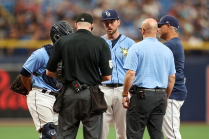 Apr 13, 2023; St. Petersburg, Florida, USA;  Tampa Bay Rays starting pitcher Jeffrey Springs (59) leaves the game against the Boston Red Sox with an injury in the fourth inning at Tropicana Field. Mandatory Credit: Nathan Ray Seebeck-USA TODAY Sports