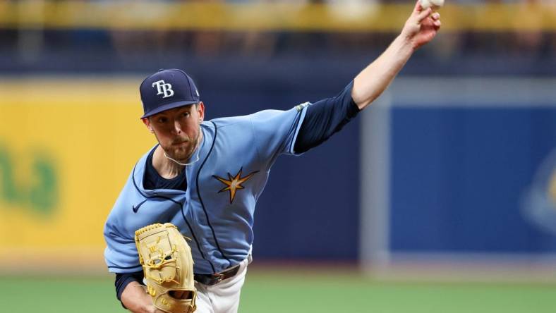 Apr 13, 2023; St. Petersburg, Florida, USA;  Tampa Bay Rays starting pitcher Jeffrey Springs (59) throws a pitch against the Boston Red Sox in the third inning at Tropicana Field. Mandatory Credit: Nathan Ray Seebeck-USA TODAY Sports