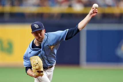 Apr 13, 2023; St. Petersburg, Florida, USA;  Tampa Bay Rays starting pitcher Jeffrey Springs (59) throws a pitch against the Boston Red Sox in the third inning at Tropicana Field. Mandatory Credit: Nathan Ray Seebeck-USA TODAY Sports