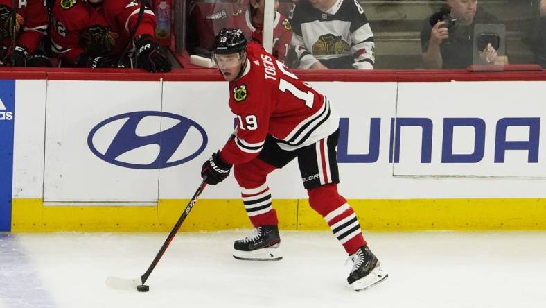 Apr 13, 2023; Chicago, Illinois, USA; Chicago Blackhawks center Jonathan Toews (19) plays in his last game as a Blackhawk against the Philadelphia Flyers during the first period at United Center. Mandatory Credit: David Banks-USA TODAY Sports