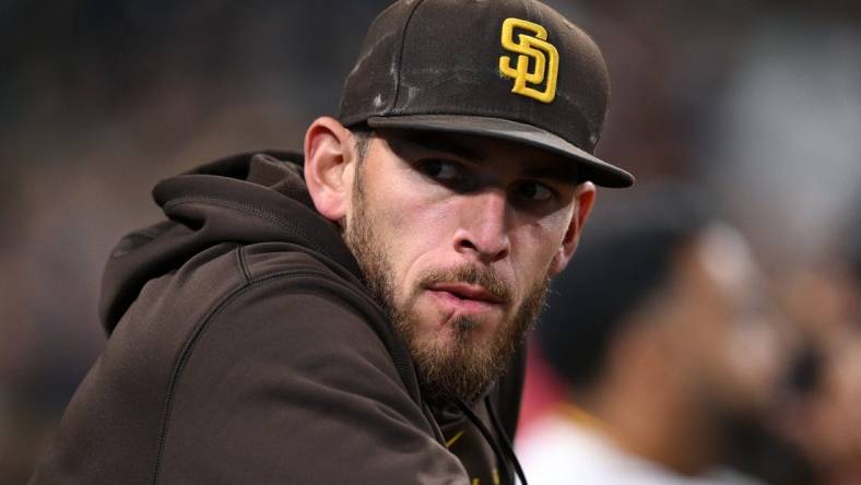 Apr 13, 2023; San Diego, California, USA; San Diego Padres pitcher Joe Musgrove (44) looks on from the dugout during the fifth inning against the Milwaukee Brewers at Petco Park. Mandatory Credit: Orlando Ramirez-USA TODAY Sports