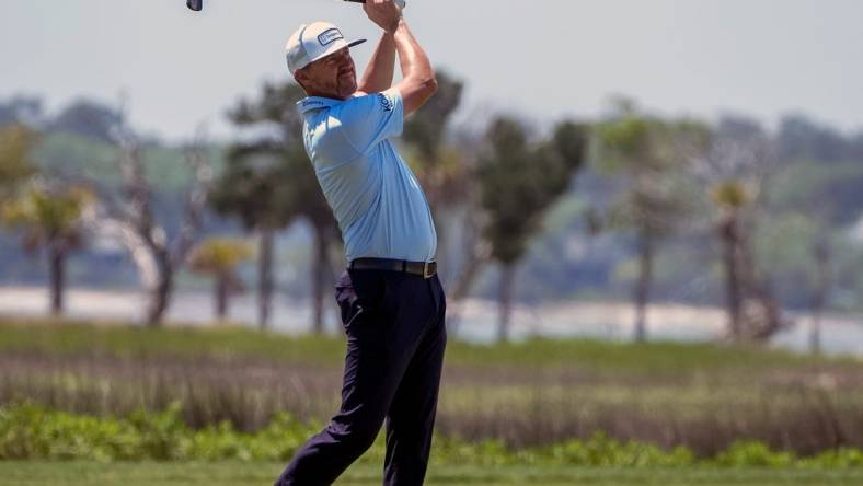 Apr 14, 2023; Hilton Head, South Carolina, USA; Jimmy Walker plays from the 18th fairway during the second round of the RBC Heritage golf tournament. Mandatory Credit: David Yeazell-USA TODAY Sports