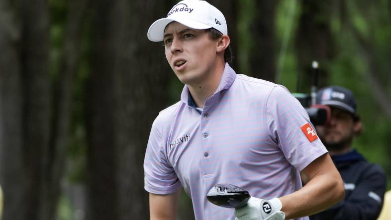 Apr 13, 2023; Hilton Head, South Carolina, USA; Matthew Fitzpatrick watches his tee shot during the first round of the RBC Heritage golf tournament. Mandatory Credit: David Yeazell-USA TODAY Sports