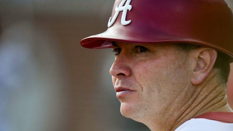 Alabama head coach Brad Bohannon watches his Crimson Tide team in the game with Auburn at Sewell-Thomas Stadium Friday, April 14, 2023 in Tuscaloosa.

Baseball Alabama Vs Auburn