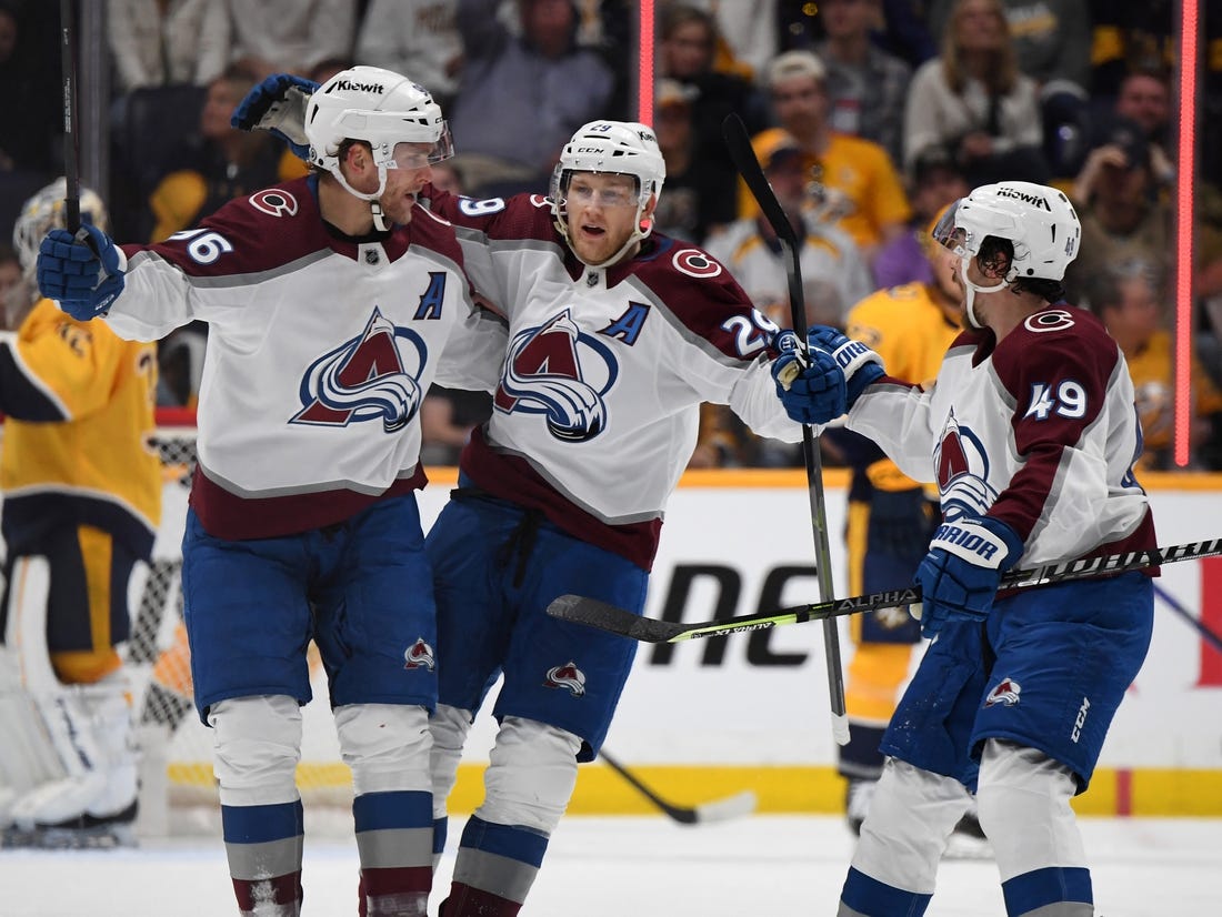 Apr 14, 2023; Nashville, Tennessee, USA; Colorado Avalanche center Nathan MacKinnon (29) celebrates with right wing Mikko Rantanen (96) and defenseman Samuel Girard (49) celebrate after scoring the game-winning goal during the third period against the Nashville Predators at Bridgestone Arena. Mandatory Credit: Christopher Hanewinckel-USA TODAY Sports