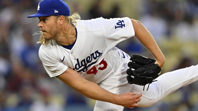 Apr 14, 2023; Los Angeles, California, USA;  Los Angeles Dodgers starting pitcher Noah Syndergaard (43) throws to the plate in the first inning against the Chicago Cubs at Dodger Stadium. Mandatory Credit: Jayne Kamin-Oncea-USA TODAY Sports