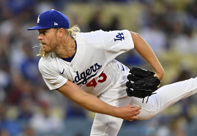 Apr 14, 2023; Los Angeles, California, USA;  Los Angeles Dodgers starting pitcher Noah Syndergaard (43) throws to the plate in the first inning against the Chicago Cubs at Dodger Stadium. Mandatory Credit: Jayne Kamin-Oncea-USA TODAY Sports