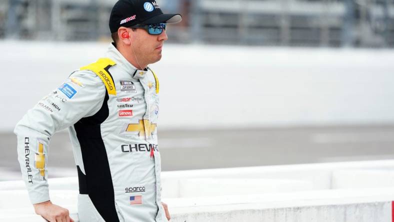 Apr 15, 2023; Martinsville, Virginia, USA; NASCAR Cup Series driver Kyle Busch (8)  waits on pit road before practice and qualifying at Martinsville Speedway. Mandatory Credit: John David Mercer-USA TODAY Sports