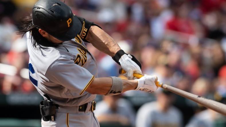 Apr 15, 2023; St. Louis, Missouri, USA; Pittsburgh Pirates right fielder Connor Joe (2) makes contact with the ball in the 10th inning at Busch Stadium. Mandatory Credit: Paul Halfacre-USA TODAY Sports