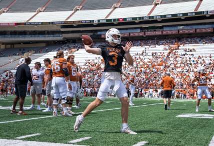 Texas quarterback Quinn Ewers (3) warms up ahead of the Longhorn's Orange and White spring football game in Darrell K Royal-Texas Memorial Stadium, Saturday, April 15, 2023.

Ewers