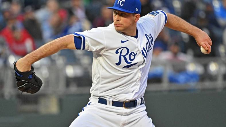 Apr 15, 2023; Kansas City, Missouri, USA;  Kansas City Royals starting pitcher Kris Bubic (50) delivers a pitch during the first inning against the Atlanta Braves at Kauffman Stadium. Mandatory Credit: Peter Aiken-USA TODAY Sports