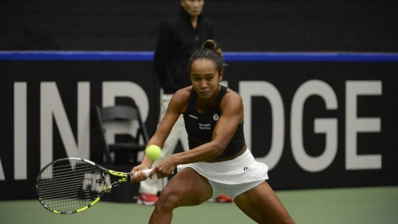 Apr 15, 2023; Vancouver, British Columbia, CAN;  Leylah Fernandez (CAN) returns the ball during her match against Ysaline Bonaventure (BEL) at Pacific Coliseum. Mandatory Credit: Anne-Marie Sorvin-USA TODAY Sports