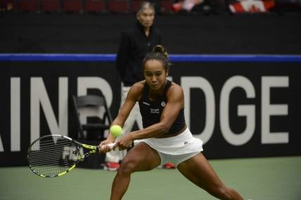 Apr 15, 2023; Vancouver, British Columbia, CAN;  Leylah Fernandez (CAN) returns the ball during her match against Ysaline Bonaventure (BEL) at Pacific Coliseum. Mandatory Credit: Anne-Marie Sorvin-USA TODAY Sports