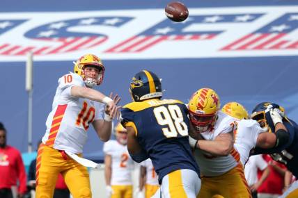 Apr 15, 2023; Memphis, TN, USA; Philadelphia Stars quarterback Case Cookus (10) passes the ball during the first half against the Memphis Showboats at Simmons Bank Liberty Stadium. Mandatory Credit: Petre Thomas-USA TODAY Sports