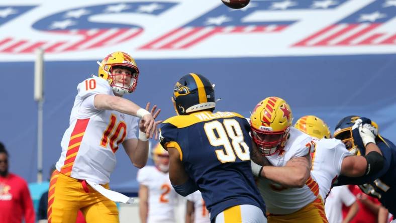 Apr 15, 2023; Memphis, TN, USA; Philadelphia Stars quarterback Case Cookus (10) passes the ball during the first half against the Memphis Showboats at Simmons Bank Liberty Stadium. Mandatory Credit: Petre Thomas-USA TODAY Sports