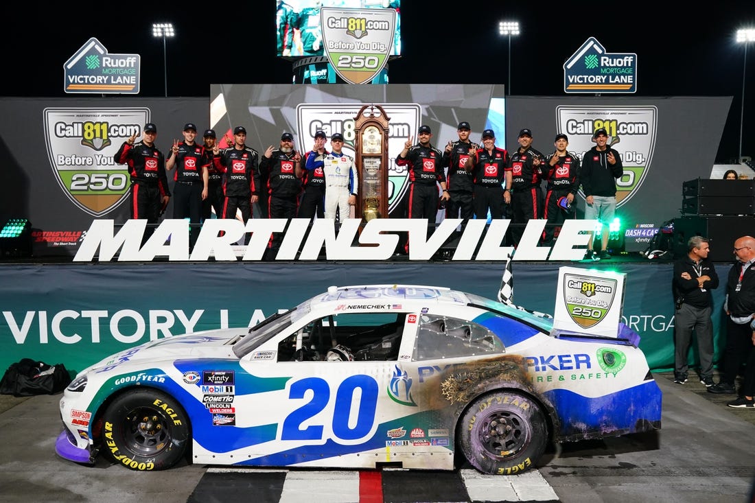 Apr 15, 2023; Martinsville, Virginia, USA; Xfinity Series driver John Hunter Nemechek (20) celebrates winning the Call 811.com Before You Dig 250 at Martinsville Speedway. Mandatory Credit: John David Mercer-USA TODAY Sports