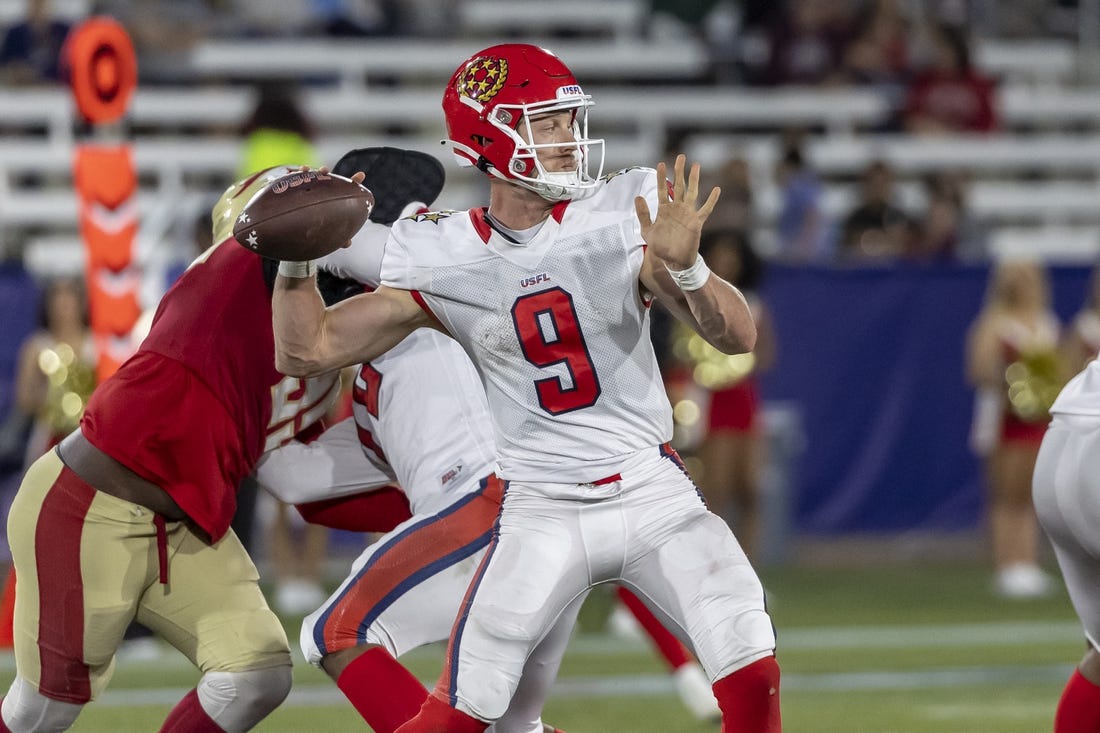 Apr 15, 2023; Birmingham, AL, USA; New Jersey Generals quarterback Dakota Prukop (9) throws the ball against the Birmingham Stallions during the second half of a USFL football game at Protective Stadium. Mandatory Credit: Vasha Hunt-USA TODAY Sports