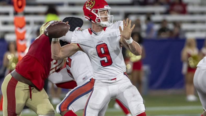 Apr 15, 2023; Birmingham, AL, USA; New Jersey Generals quarterback Dakota Prukop (9) throws the ball against the Birmingham Stallions during the second half of a USFL football game at Protective Stadium. Mandatory Credit: Vasha Hunt-USA TODAY Sports