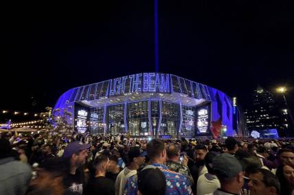 Apr 15, 2023; Sacramento, California, USA; Fans walk outside the Golden 1 Center after the Sacramento Kings defeated the Golden State Warriors during game one of the 2023 NBA playoffs. Mandatory Credit: Cary Edmondson-USA TODAY Sports